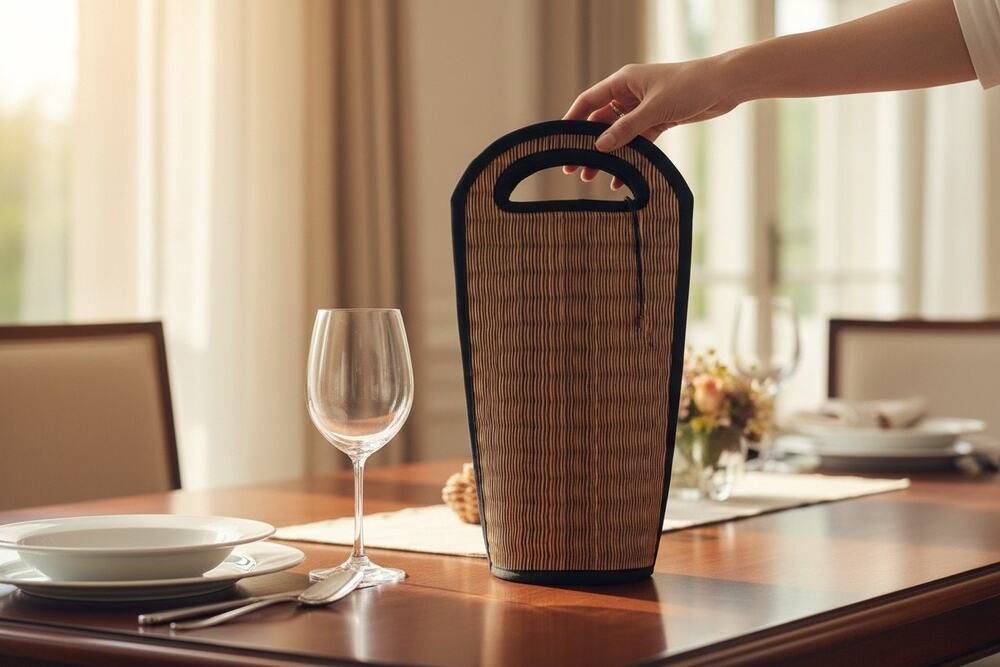 Baskets of Cambodia Wine Carrier Natrual Organic Reed Black Frabric trim